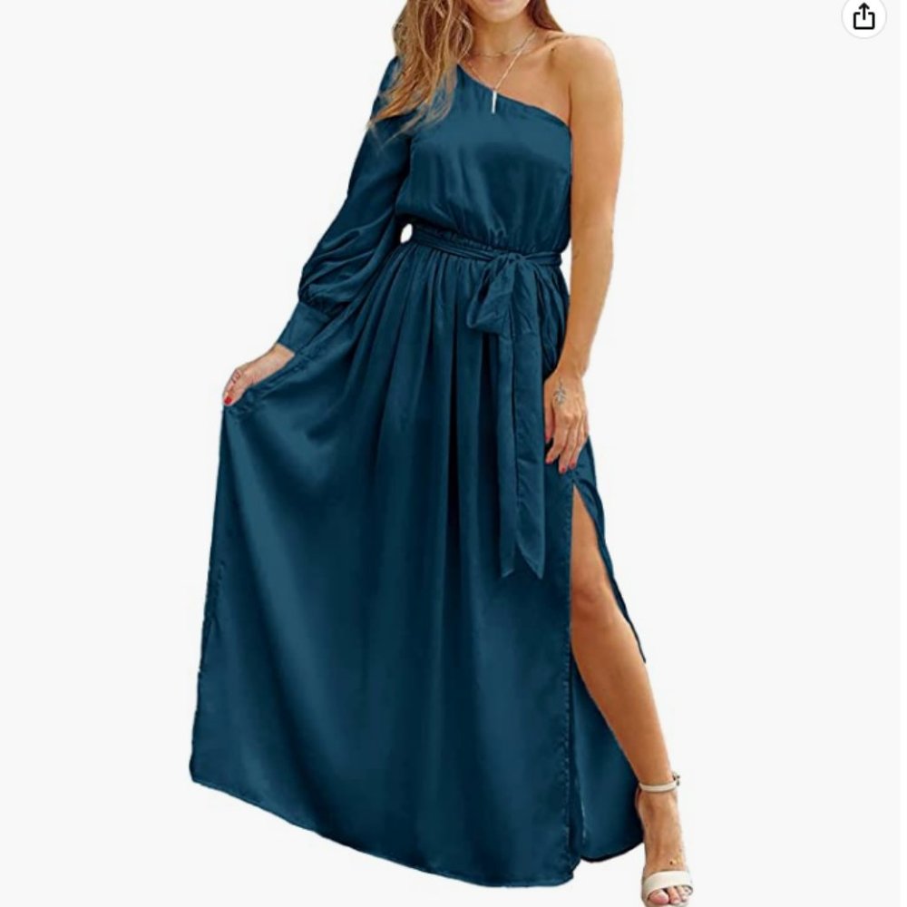 KIRUNDO Women's Satin Long Sleeve One Shoulder Maxi Dress Asymmetrical Belted